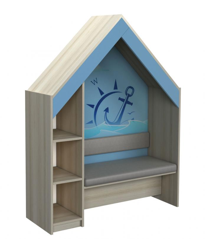 Універсальна відкрита стінка "Будиночок" з фотодруком, "Морські пригоди" ел. №10, з лавою та полицями, матеріал корпусу - ЛДСП, АЛМАНТ, 1038х400х1570 мм.